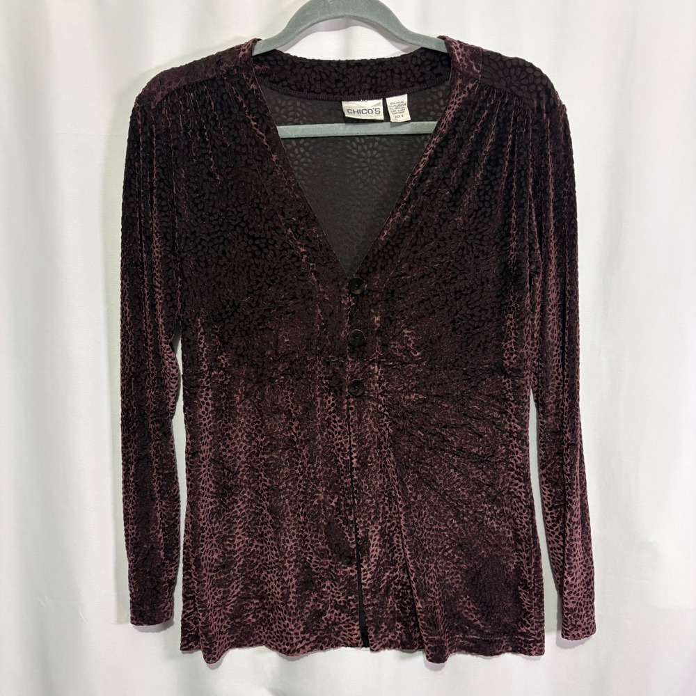 Chicos Womens Burgundy Burnout Velvet V-Neck L/S Top Fly Away Small Whimisgoth